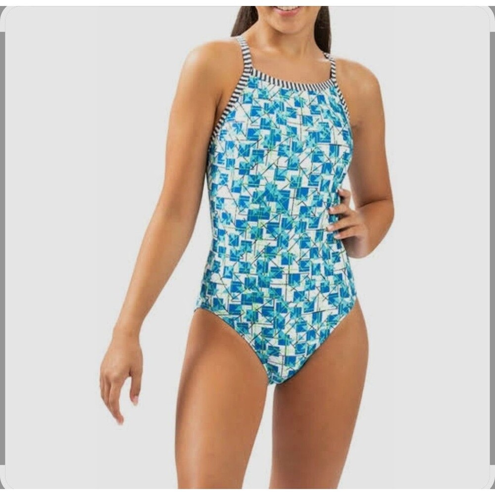 Dolphin Women's Uglies Multicolor Blue Grid V-back 1 Piece Swim Sz 30 New